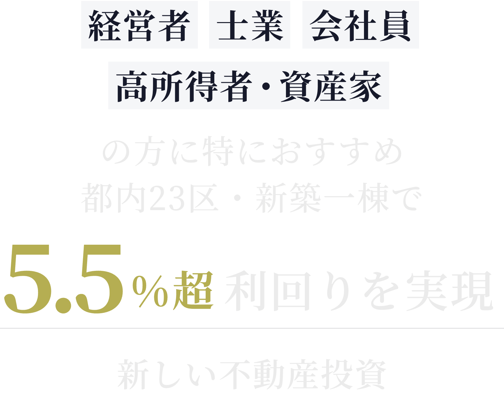 経営者、士業、会社員、高所得者・資産家の方に特におすすめ、都内23区・新築一棟で5.5%利回りを実現新しい不動産投資